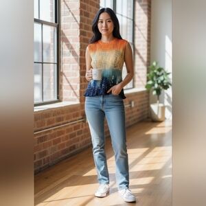 Cato Ombre Pleated Blouse Sunset Gradient Orange Blue Teal Polyester Sz S EUC